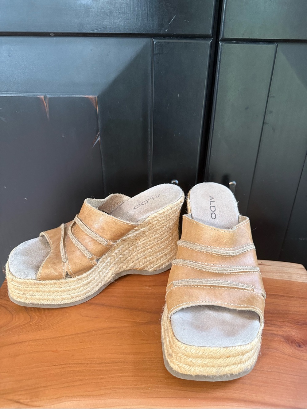 Vintage ALDO Tan Braided Espadrille Wedge Slide Sandals